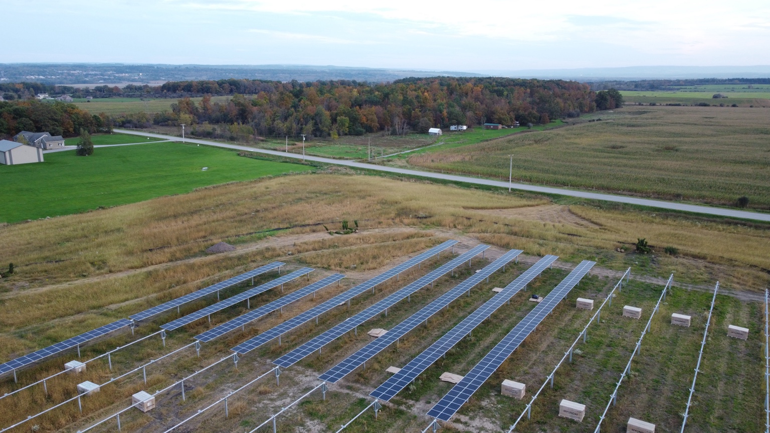 Aerial progress photo of a solar array being constructed